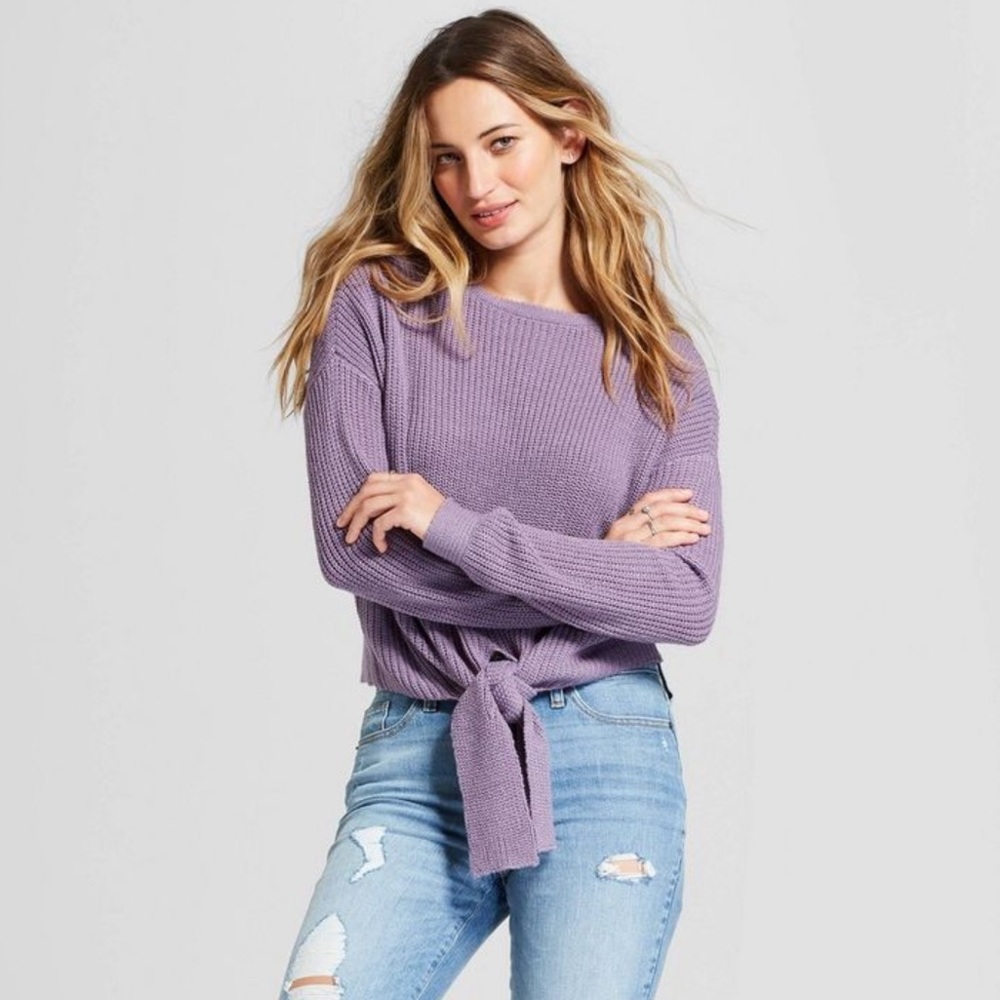 Purple Cropped Front Tie Sweater
